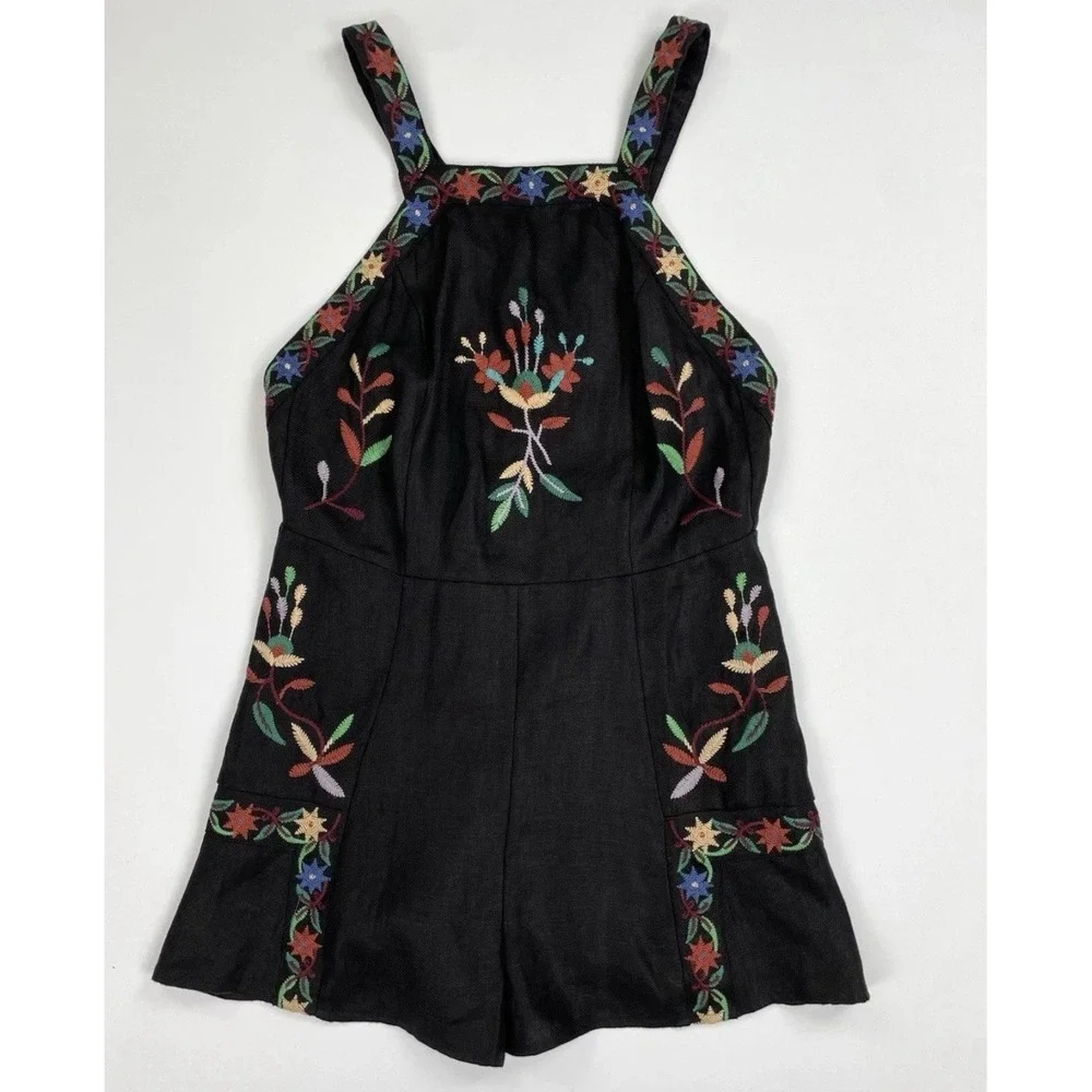 Zara Linen Romper S Floral Embroidered Black Bib Jumper Boho Hipster Open Back